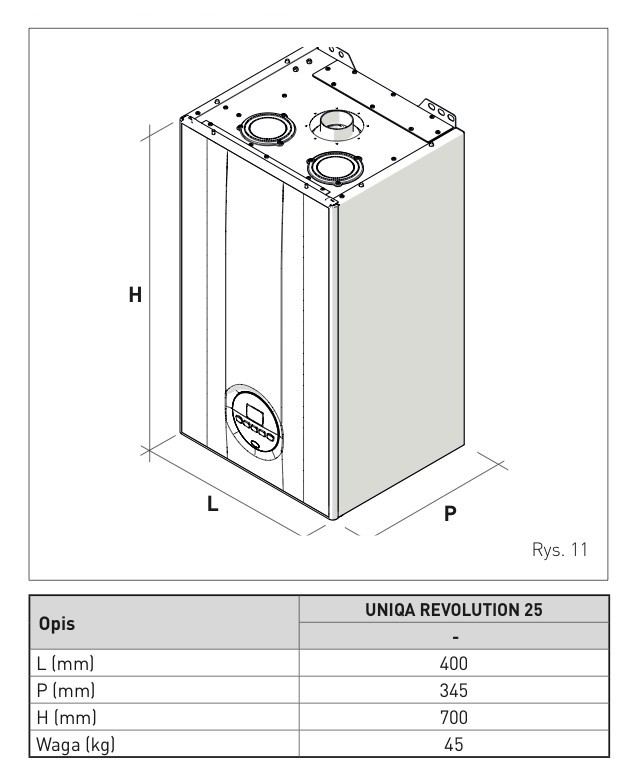 Wymiary i waga kotła UNIQA REVOLUTION 25 – 700 x 400 x 345 mm, 45 kg